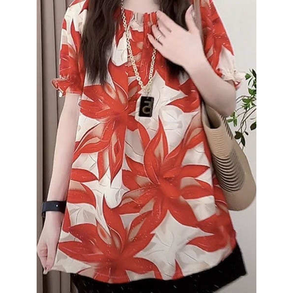เสื้อเชิ้ตแขนสั้นผู้หญิงไซส์ใหญ่ พิมพ์ลายระบาย แฟชั่นฤดูร้อน ใส่ลําลอง 2025