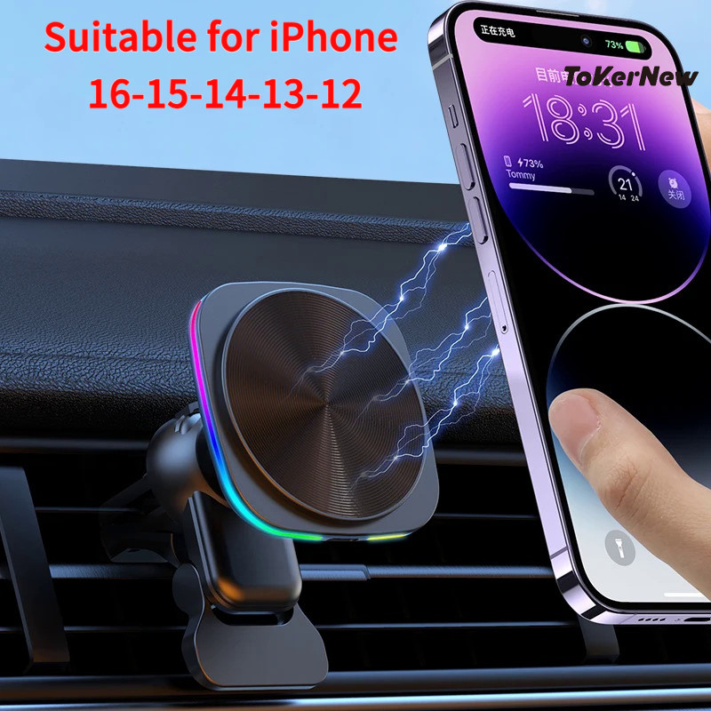 ToKerNew 15W Magnetic Car Wireless Charger RGB ไฟ LED Air Vent ผู้ถือโทรศัพท์ Macsafe สําหรับ iphone