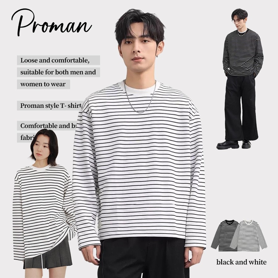⚡ProMan⚡ผู้ชายเย็บสีแขนยาว  เสื้อยืดลายทาง  เรียบง่าย  แบบบาง  คลาสสิกแมทช์ลุคง่าย