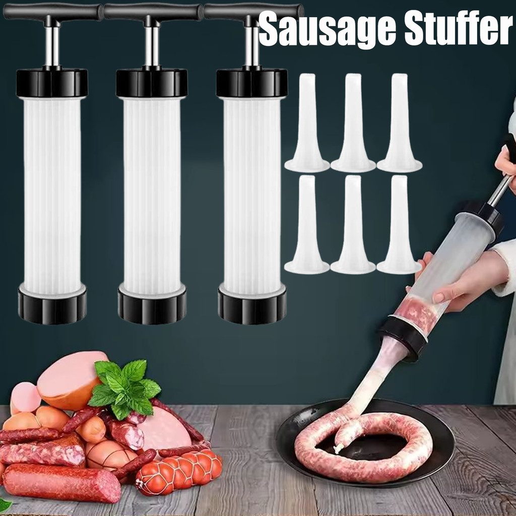 Heavy-Duty Sausage Stuffer -Manual Filler, Non-Stick Plunger & 3 Spout Sizes for Perfect Sausage Cas