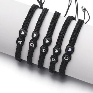 สร้อยข้อมือเชือกถักสีดำ อักษร A-Z จี้หัวใจมินิมอล ปรับสายได้ ของขวัญคู่รัก เพื่อนสนิท ของขวัญจบการศึกษา