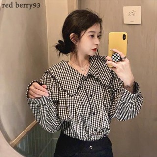 Red Berryเสื้อเชิ้ตแขนยาวลายสก็อตผู้หญิง เสื้อคอตุ๊กตาสไตล์เ…