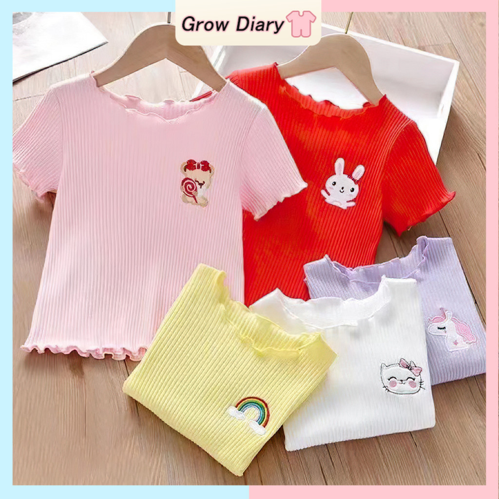 เด็กสาวแขนสั้นเสื้อยืดสาวฤดูร้อนลูกอมสีด้านบน1-7ปี