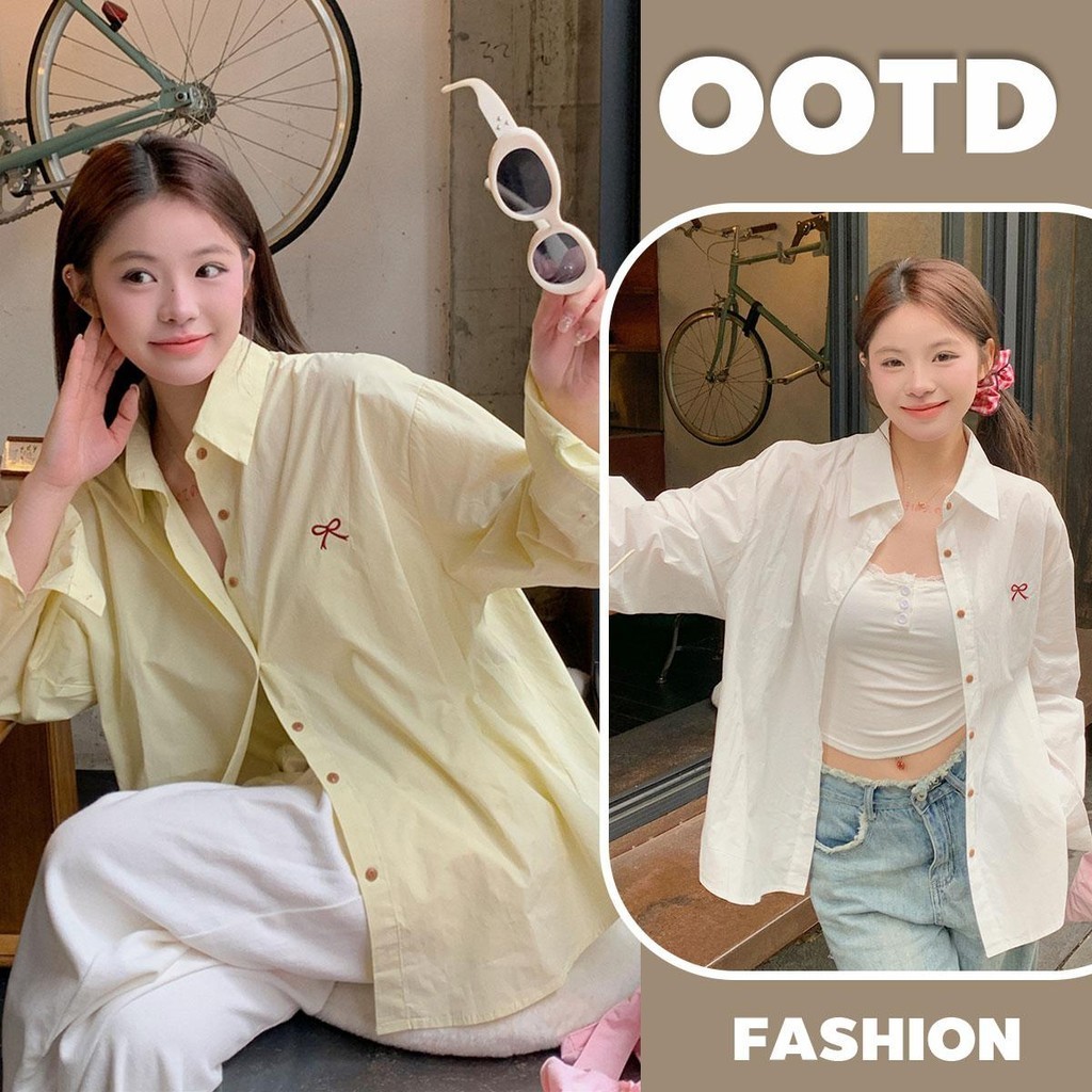 KOKO W417 เสื้อแขนยาวลำลอง เสื้อเชิ้ตสีขาวแฟชั่น กันแดด พิมพ์ หลวมและ ปักโบว์อเนกประสงค์ ดูดีกับเดรสและเสื้อกั๊ก
