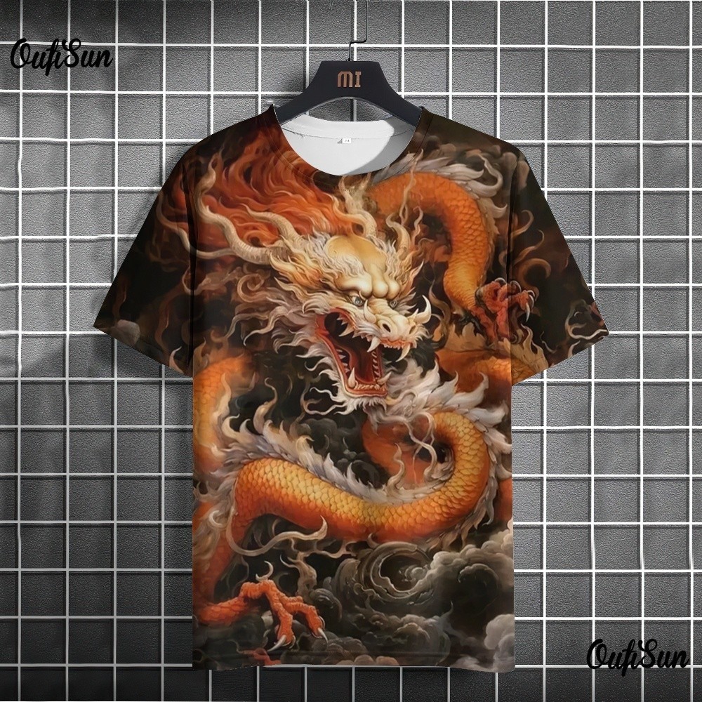 2024 Hawaii Beach 3D พิมพ์เสื้อยืดแขนสั้นลําลอง Retro Street Dragon พิมพ์เสื้อยืดแขนสั้นผู้ชายด้านบน