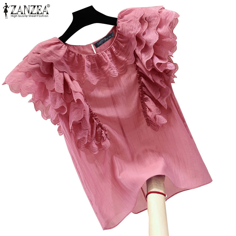 ZANZEA ซานเซีย ผู้หญิงแฟชั่นเกาหลีสีทึบหลวมแขนสั้นเสื้อคอกลมนัวเนีย
