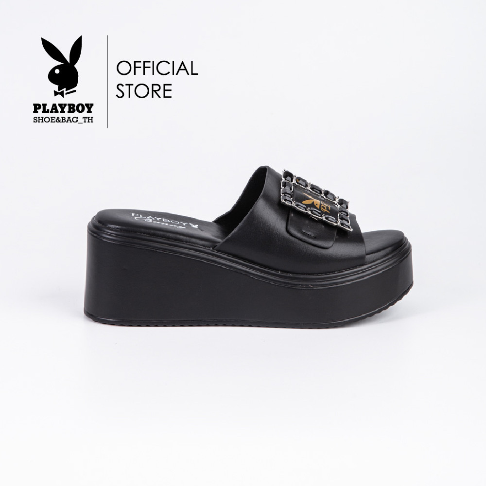 Playboy รองเท้าส้นตัน ลิขสิทธิ์แท้ รุ่น ST-HS242C110 ดีไซน์แต่งอะไหล่เพชร มี 2 สี สีดำและสีครีม