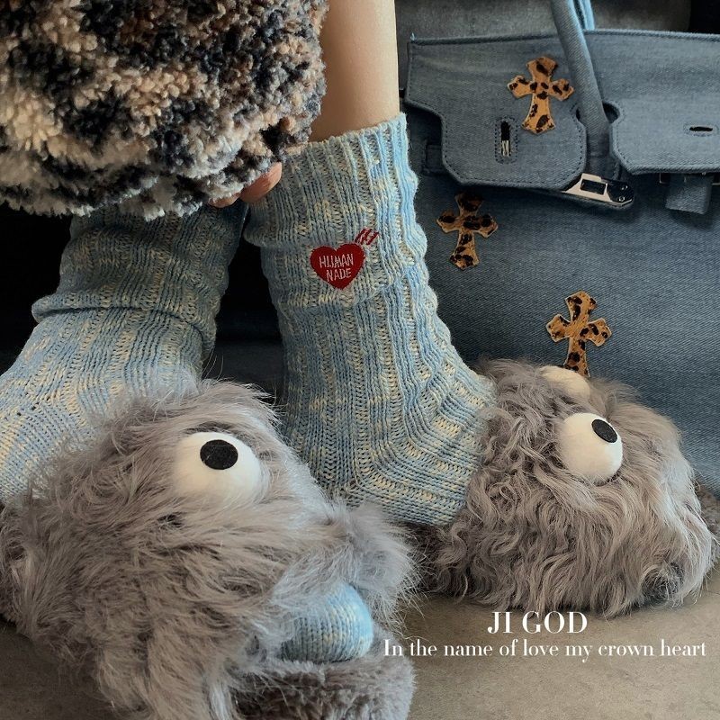 Street Wear HUMAN Polar Bear Heart ปักถุงเท้าผู้ชายผู้หญิงกลางหลอดคู่กีฬาเกล็ดหิมะ Slub ถุงเท้าผ้าฝ้ายแท้