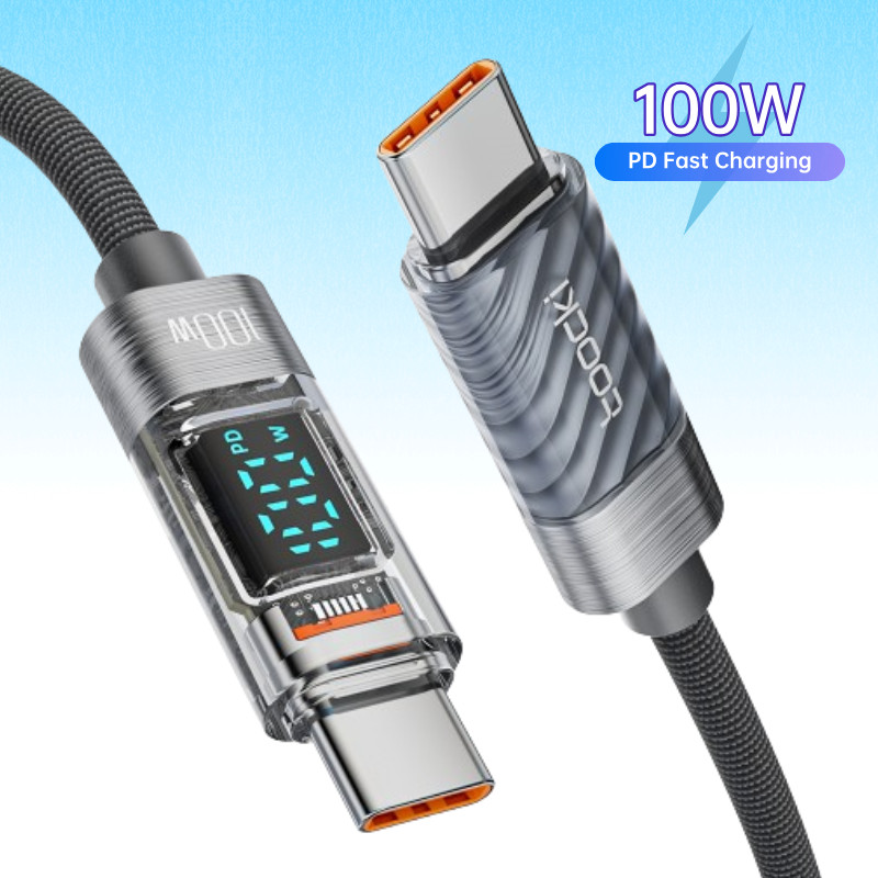 5a 100W Type C ถึง Type C สายจอแสดงผล LED Fast Charging สายส่งข้อมูล 1/2m