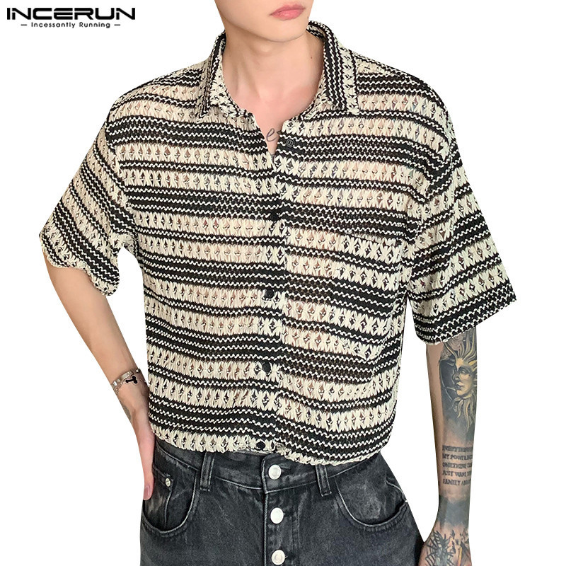 Incerun เสื้อเชิ้ตแขนสั้นกลวงถักลายทางสไตล์เรโทรสําหรับผู้ชาย