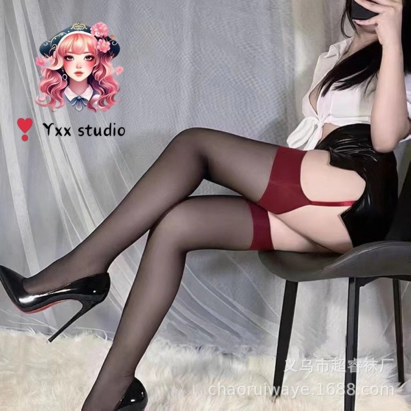 ❣️Yxx studio Ladies Black Edge Red Edge Suspenders One Temptation Thinถุงน่องถุงน่องเซ็กซี่