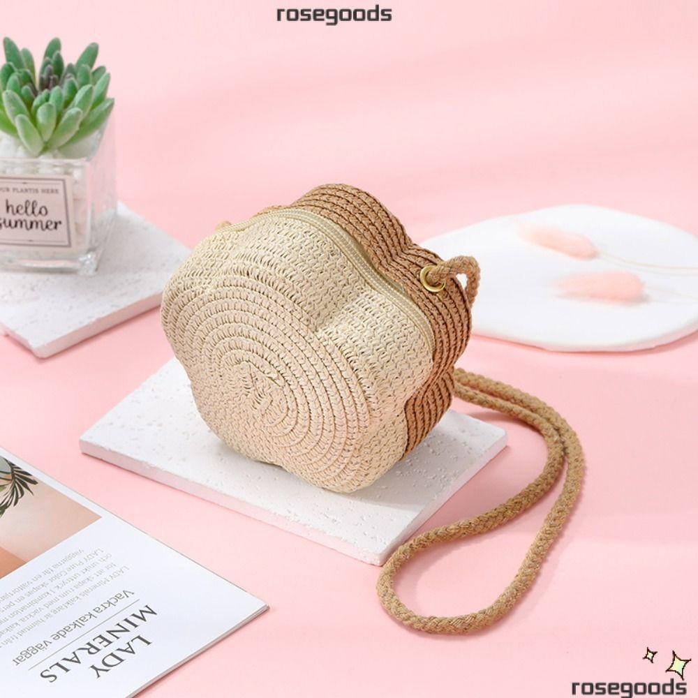 ดอกกุหลาบ กระเป๋าสะพายข้าง,กระเป๋าสะพายไหล่สานฟาง สองสี,กระเป๋าใส่เหรียญสําหรับเดินทางสร้างสรรค์น่ารักสําหรับเด็ก