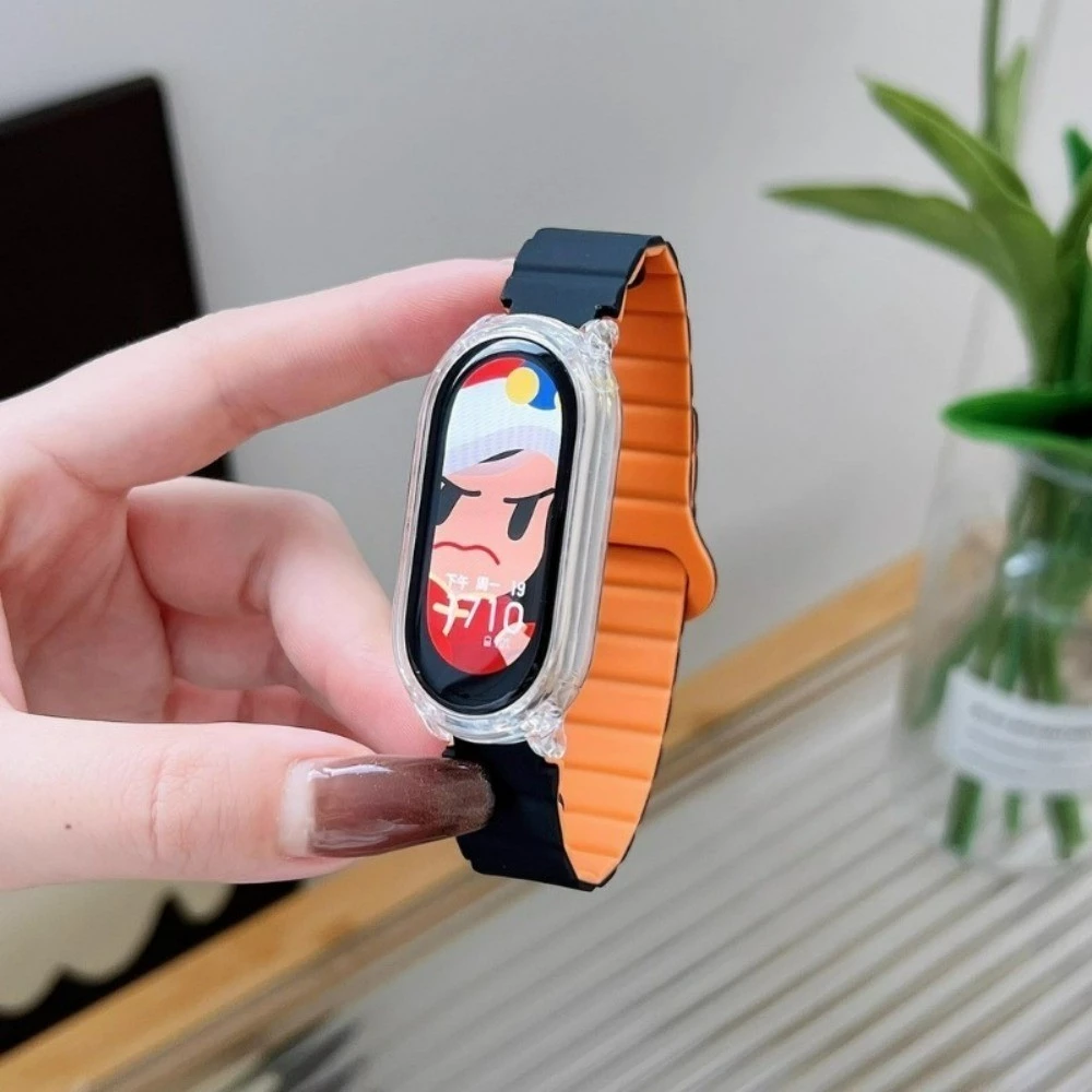ซิลิโคนสายรัดห่วงแม่เหล็กพร้อมเคสสําหรับ เสี่ยวหมี่ For Mi band 10 9 8 7 6 5 4 3 สร้อยข้อมือซิลิโคนอ่อนวงปก