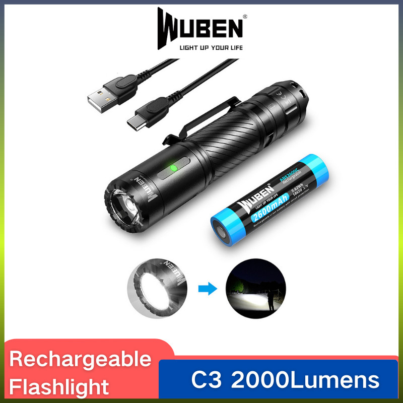 Wuben C3 ไฟฉาย LED Type-C แบบชาร์จไฟ 1200LM พร้อมแบตเตอรี่ กันน้ํา สําหรับตั้งแคมป์