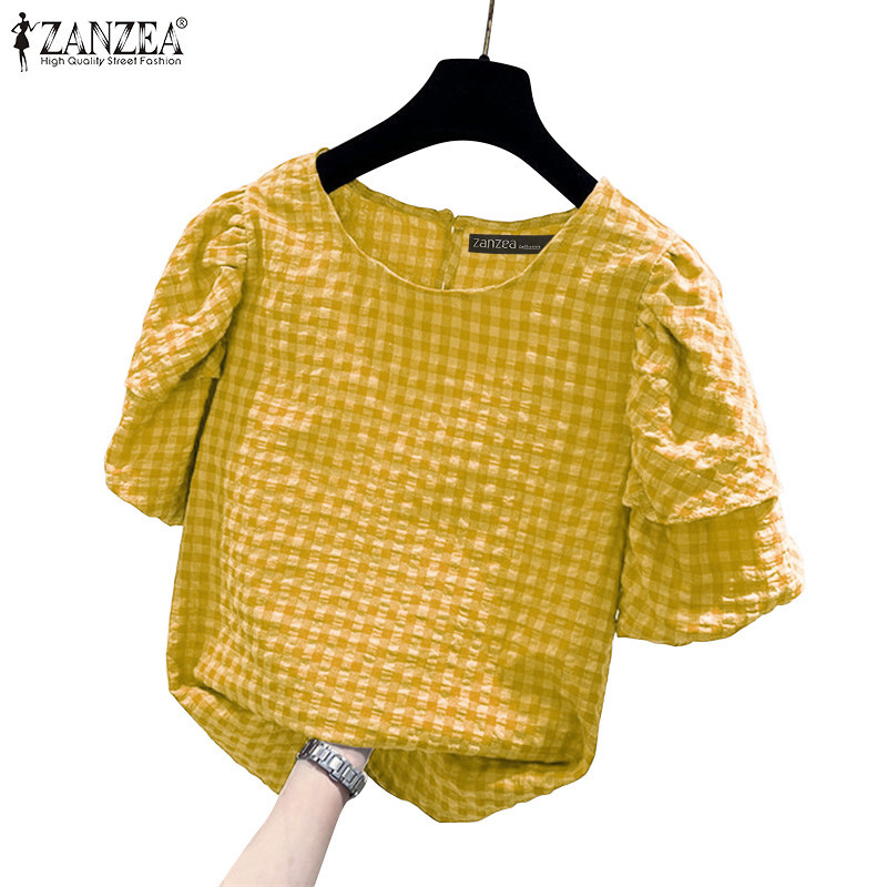 Zanzea เสื้อเชิ้ตแขนสั้นพิมพ์ลายลายสก๊อตคอกลมลําลองผู้หญิงเกาหลี