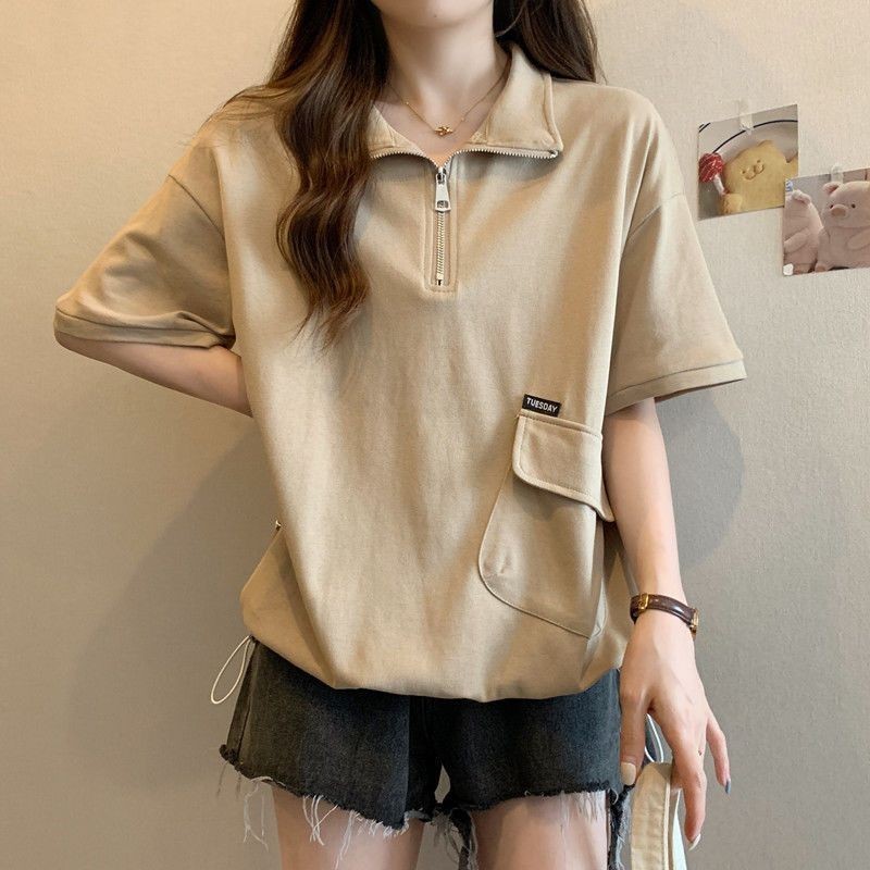2 สี (40-100 กก.) ผู้หญิงซิป เชือกรูด แขนสั้นเสื้อโปโลหลวมพอดีขนาดใหญ่โปโลคอปกด้านบน