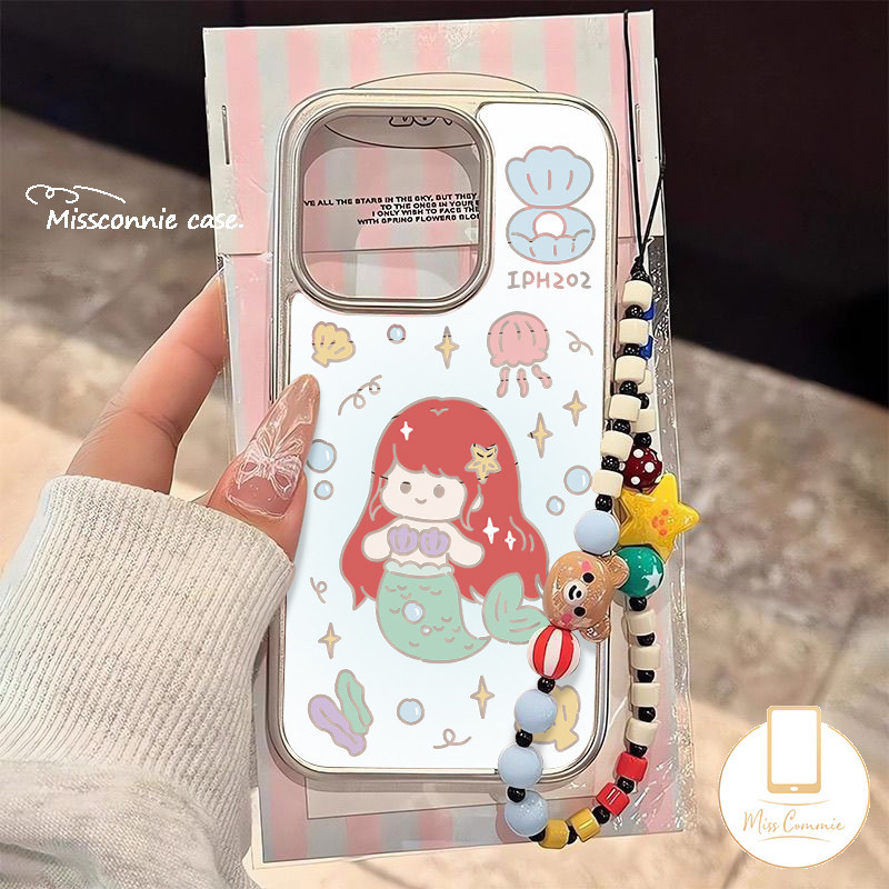 แนวโน้มน่ารัก Mermaid Ariel Shell แมงกะพรุนสําหรับ IPhone 15 7Plus 13 11 12 14 Pro MAX X XS MAX XR 8 7 Plus SE 2020 หมีสร้อยข้อมือหรูหรา Electroplated กรอบฝาครอบ