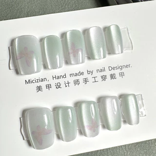 10 ชิ้น/เซ็ต Handmade ชุดเล็บปลอมพร้อมกาว Cat Eye เล็บปลอม