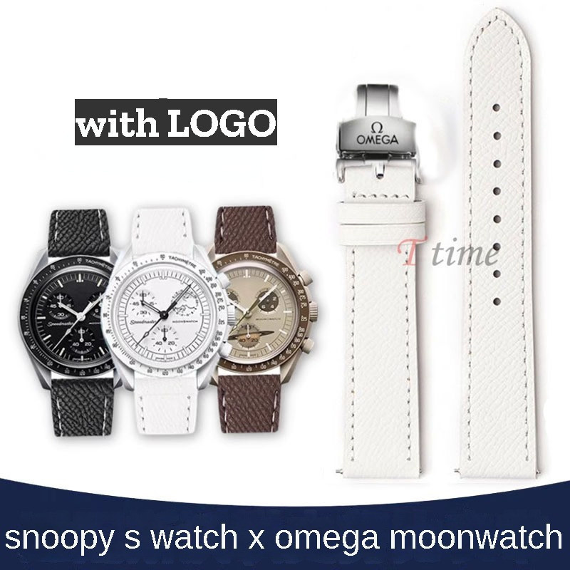 สายนาฬิกาหนังหนังวัวสําหรับ Snoopy Swatch X Omega Moonwatch 18 มม. 20 มม. 22 มม. สายหนังแบบปลดเร็วนาฬิกาสร้อยข้อมือเปลี่ยน