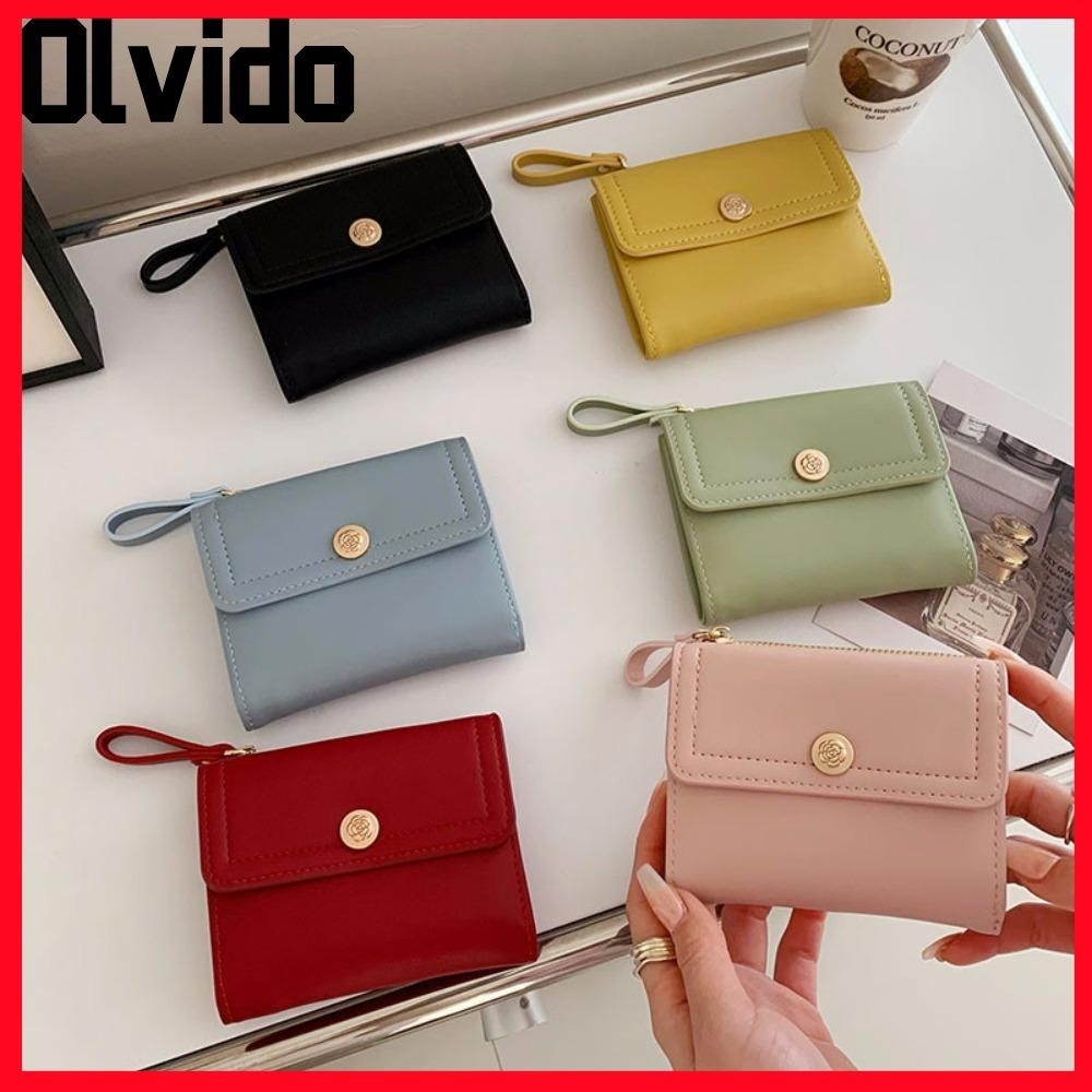 กระเป๋าใส่เหรียญ OLVIDO, กระเป๋าสตางค์สั้นสีทึบปุ่มกุหลาบ, กระเป๋าเงินมัลติฟังก์ชั่นหรูหรา Trifold Girl