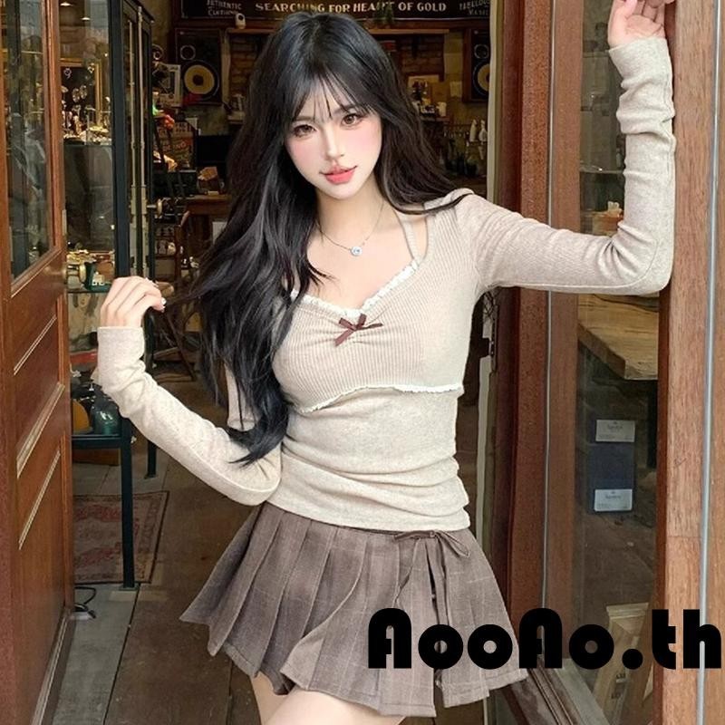 Aooao-เสื้อยืดคอกลมแขนยาวแต่งขอบลูกไม้ทรงเข้ารูปสำหรับผู้หญิง