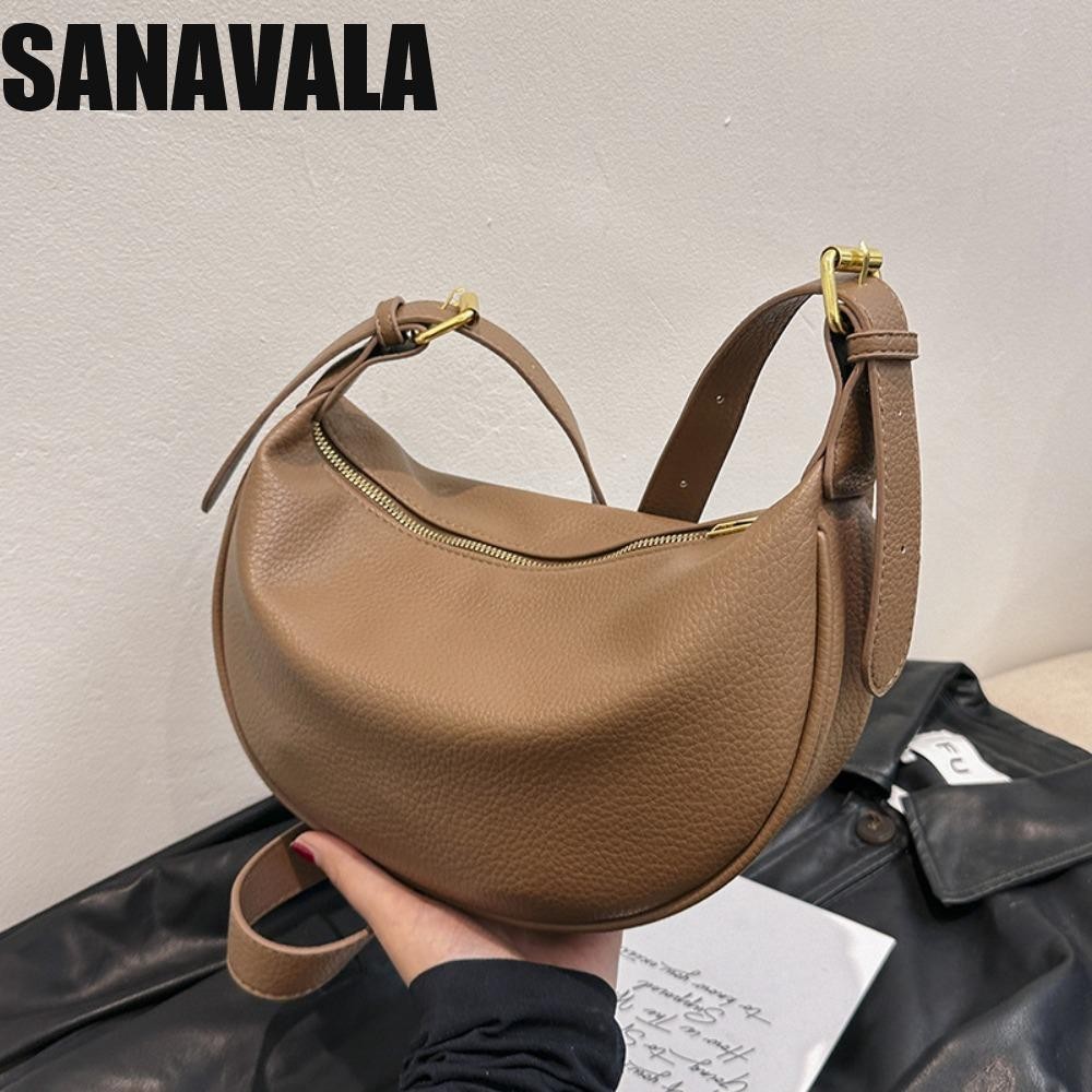 Sanavala กระเป๋าหนัง PU กระเป๋าสะพายข้าง,สีทึบซิปกระเป๋าสะพายหนัง PU,ลําลองสายรัดปรับได้สไตล์เกาหลีกระเป๋าถือใต้วงแขนถุงเกี๊ยวสุภาพสตรี