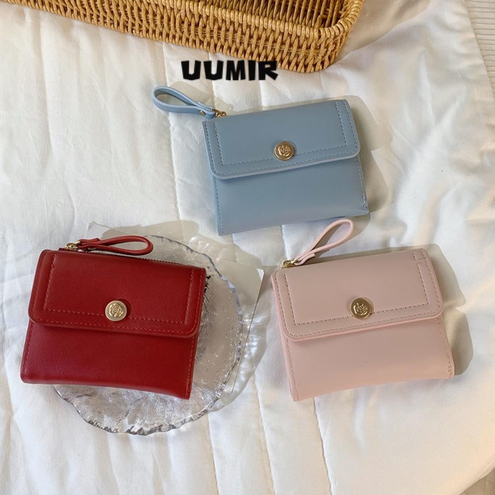 UUMIR กระเป๋าสตางค์ใบสั้น กระเป๋าใส่เหรียญปุ่มกุหลาบสีทึบ กระเป๋าเงินพับสามพับหรูหราผู้หญิง
