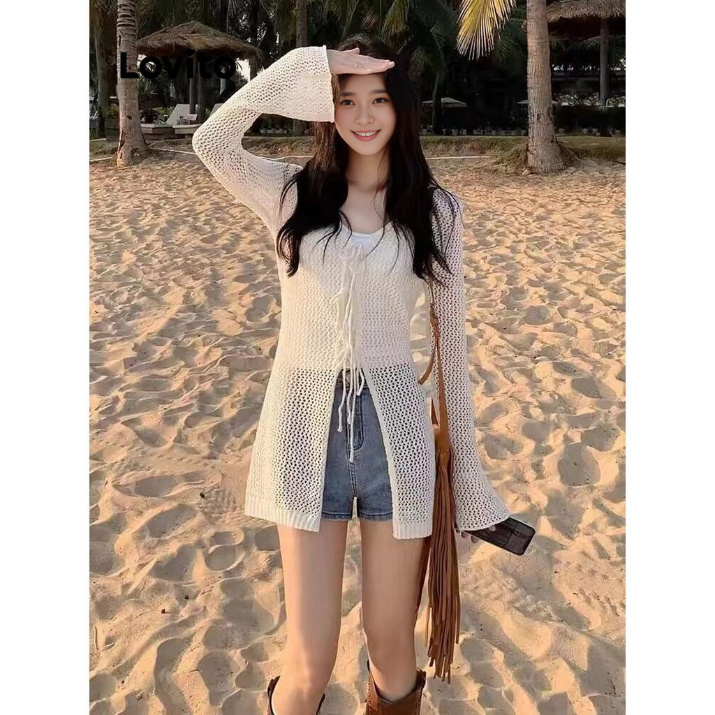 Lovito เสื้อคลุมผู้หญิง ผ้าโปร่ง สีพื้น สไตล์ลำลอง LNA63063
