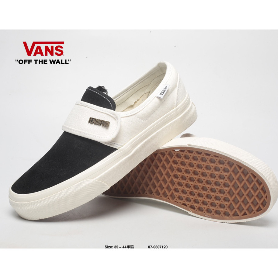 Vans Fear of Fog x Vans Slip-On 47V DX High Street สีดําสีขาว Lazy Velcro รองเท้าผ้าใบแบบสวม