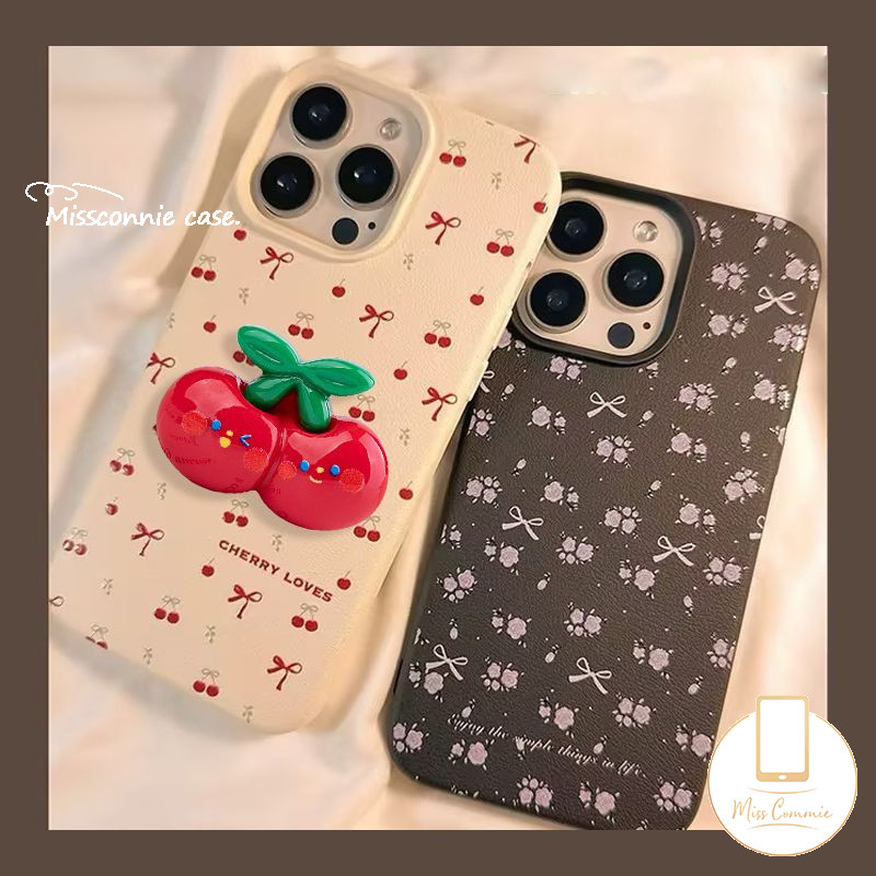 น่ารักโบว์หรูหราผิวรู้สึกหนังเนื้อสําหรับ IPhone 15 11 XR 13 16 14 12 Pro Max 16 15 14 Plus X XS Max Graffiti น่ารัก 3D เชอร์รี่สีแดง BowKnot Soft Tpu Cover