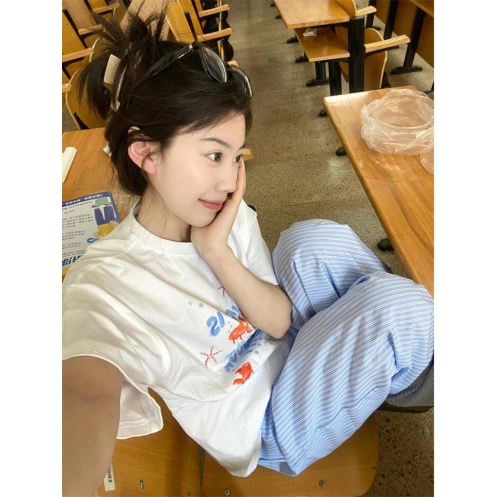 (จัดส่งตลอด 24 ชั่วโมง）Angle Officialวินเทจในผ้าฝ้ายสีขาวแขนสั้นเสื้อยืดพิมพ์เกาหลี