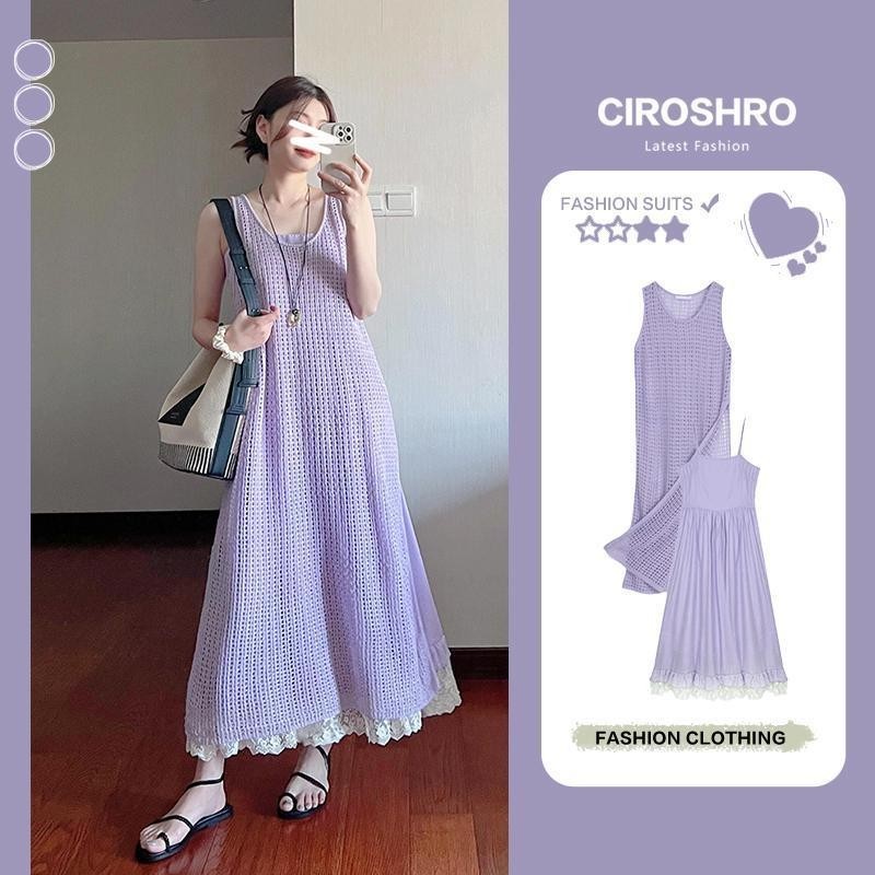 พร้อมส่ง จัดส่งไว! ชุดเดรสสลิงสีม่วงฝรั่งเศสผู้หญิง 2024 สไตล์ใหม่ริมทะเลสไตล์วันหยุดเสื้อกลวงแขนกุดถักกระโปรงยาว