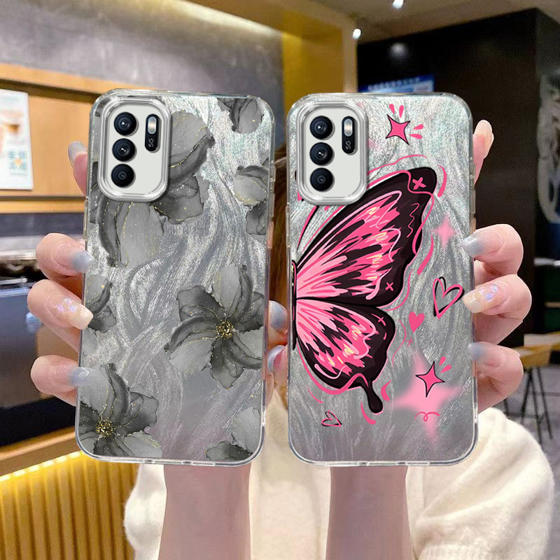 เคส OPPO Reno 6Z Reno6Z 5G เนื้อโลหะเลเซอร์ Feather เส้นด้ายเคสโทรศัพท์ผีเสื้อ Maple Leaf ดอกไม้รูปแบบ TPU เคสโทรศัพท์ C6K