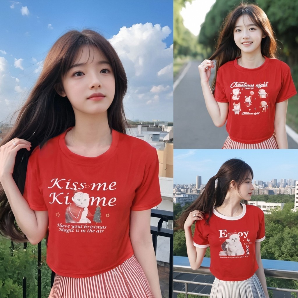 เสื้อครอปแขนสั้นสีแดงพิมพ์ลายสไตล์น่ารัก คอกลมและขอบสีทูโทน ดีไซน์โดดเด่นและเหมาะกับทุกวัน