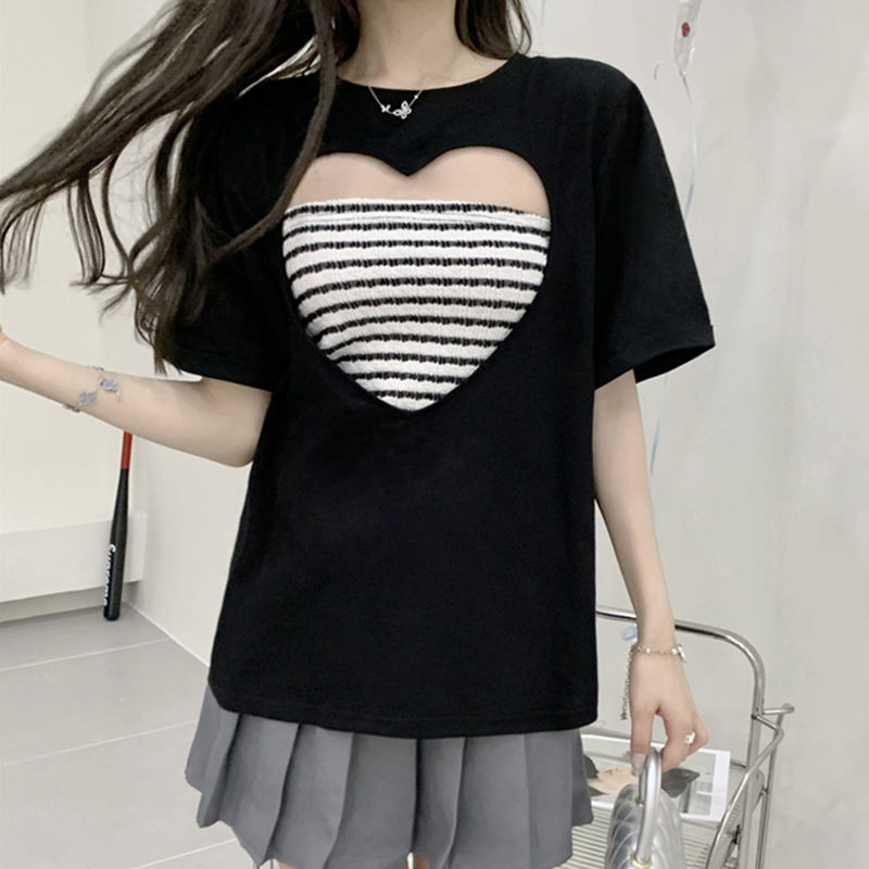 ไขมัน มม พลัสไขมัน 1-150 กก.เสื้อยืดหัวใจกลวงหลวม + หลอดด้านบนชุดสองชิ้น Sweetheart สาวร้อนด้านบนหญิงอินเทรนด์