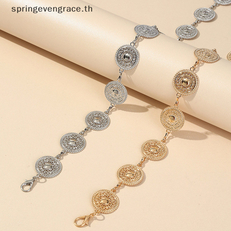 Springevengrace Gold ปรับหัวเข็มขัดยาวเข็มขัดเอวชุด Body Chain แฟชั่นสําหรับผู้หญิง Vintage Openwork โลหะใหม่