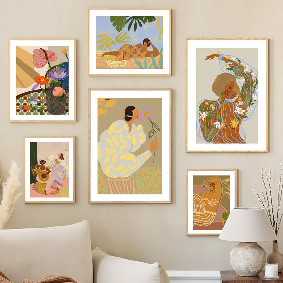 Boho เซ็กซี่พิมพ์ชุดนอนผู้หญิงดอกไม้โปสเตอร์พิมพ์ผ้าใบศิลปะแฟชั่นตกแต่งผนังบ้านภาพวาดสีน้ํามันสําหรับห้องนั่งเล่น Deco