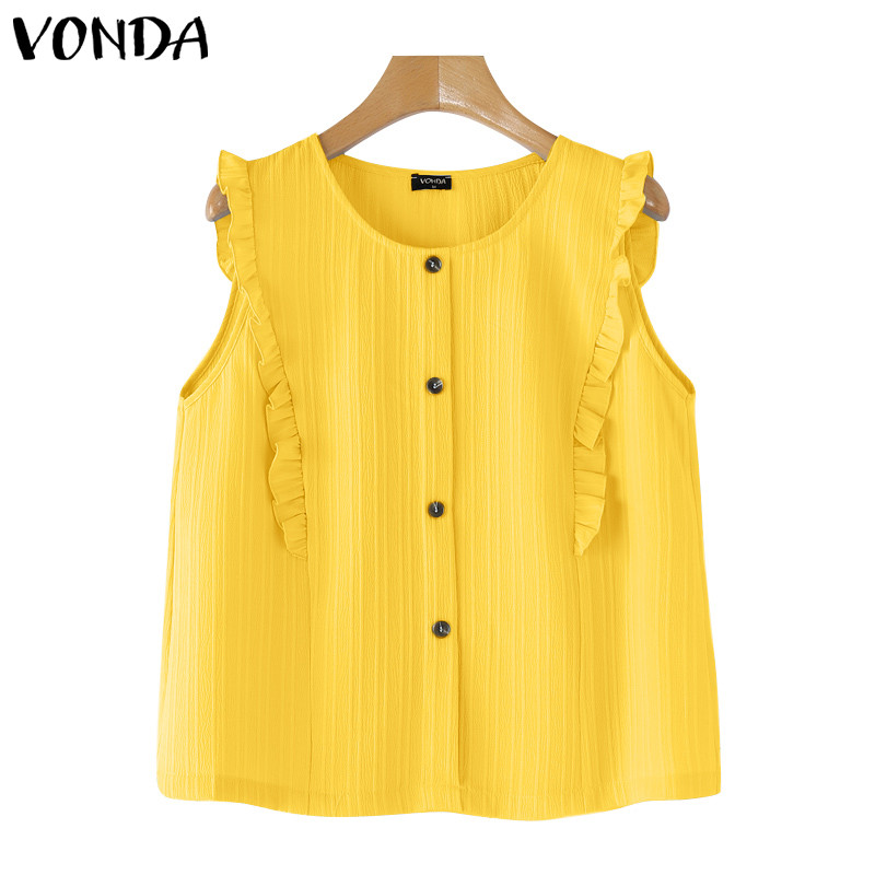 Vonda ผู้หญิงเกาหลีนัดหมายรอบคอสีทึบเสื้อแขนกุด