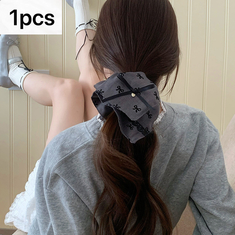 แหวนสี่เหลี่ยมโบว์ลูกไม้สีเทาแฟชั่นทุกคู่ผมหางม้าต่ําแหวนผม Scrunchy