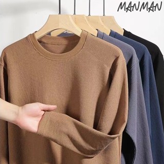 MANMAN แขนยาวผู้ชาย วาฟเฟิล เสื้อคอกลม ชุดคู่รัก แบบหลวม แมท…