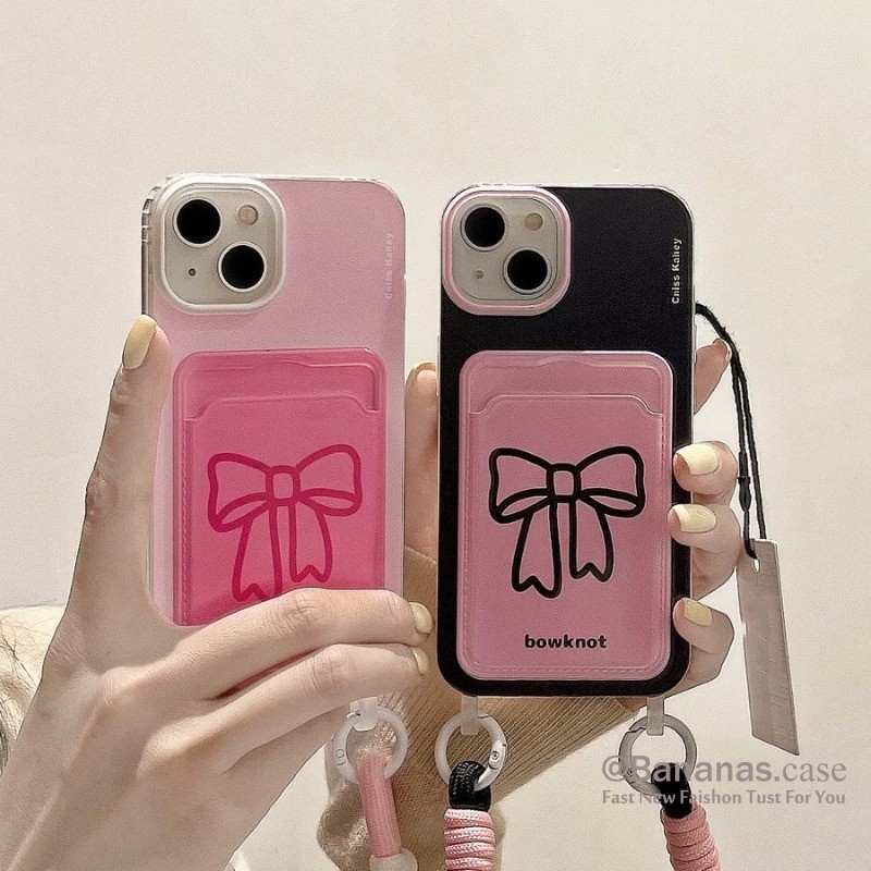 Iphone 15 14 13 12 11 Pro Max X Xr Xs Max 7 8 Plus SE2020 เคสโทรศัพท์น่ารักสีชมพูโบว์การ์ดใส + Lanyard Soft ฝาหลัง