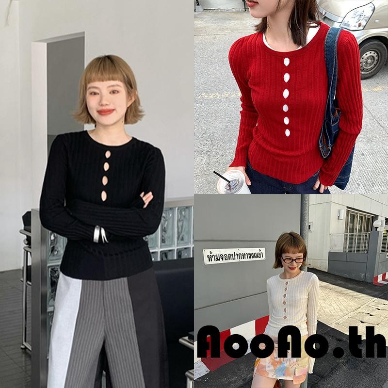 Aooao-เสื้อยืดผู้หญิงถักกลวงสีทึบribbed Slim FITเสื้อแขนยาวรอบคอ