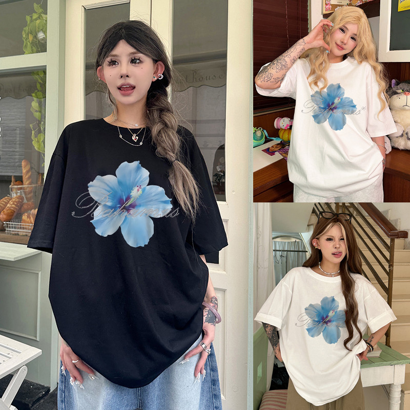 COD✅ (กรุงเทพจัดส่งสินค้า)BOOM Shop ~ Cotton T-shirt，เสื้อยืดแขนสั้นพิมพ์ลายดอกไม้สไตล์อเมริกันวินเทจ #52432