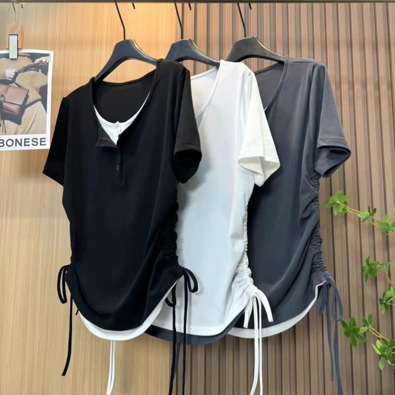 เสื้อยืดโอเวอร์ไซส์(40-150กก.)ปลอมสองชิ้นเสื้อแขนสั้นธรรมดาขนาดบวกเสื้อยืด เชือกรูด ที