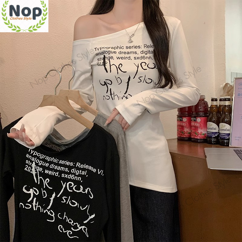 Pure Desire Hot Girl Diagonal Collar Letter พิมพ์เสื้อยืดแขนยาวผู้หญิง Strapless Street แฟชั่นอินเทรนด์ Top