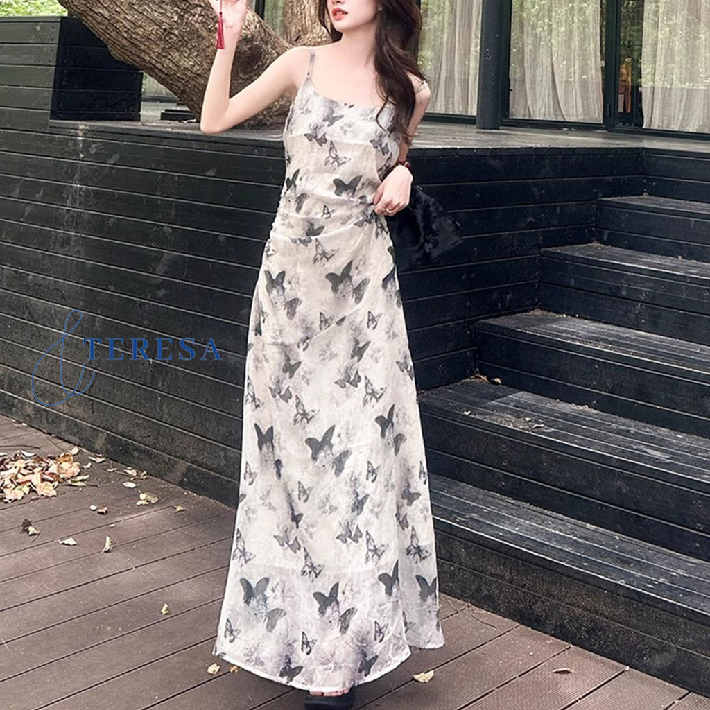 เดรสหญิง สายเดี่ยว ลายผีเสื้อ สไตล์ฝรั่งเศส ดีไซน์สวยงาม ฤดูร้อน – โปรปัง