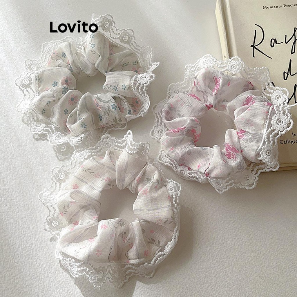 Lovito ยางรัดผมผู้หญิง ลายดอกไม้ แต่งขอบลูกไม้ สไตล์ลำลอง LFA39004