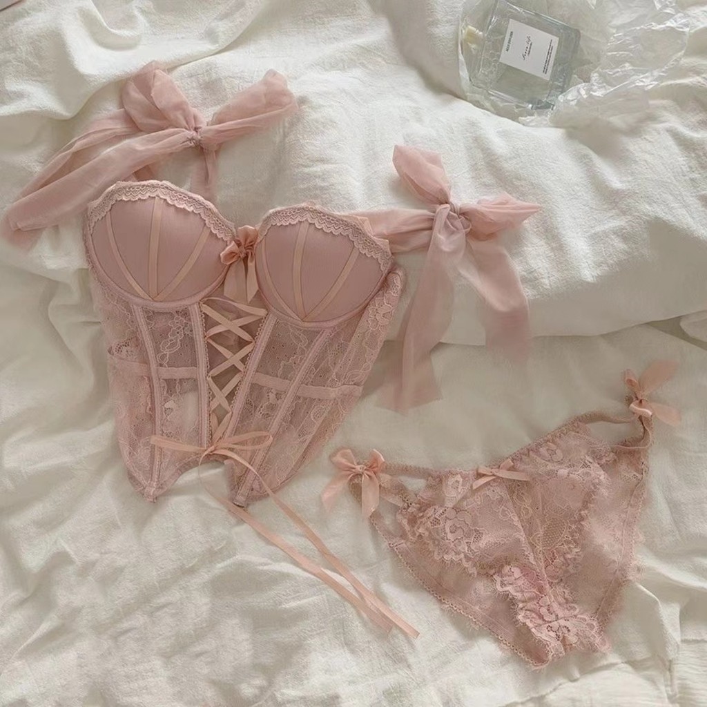 Sexy Vest New Hot Girl Bra&Women's Waist Slimming Pink Lace Top Strap Underwear Sweet Fishbone