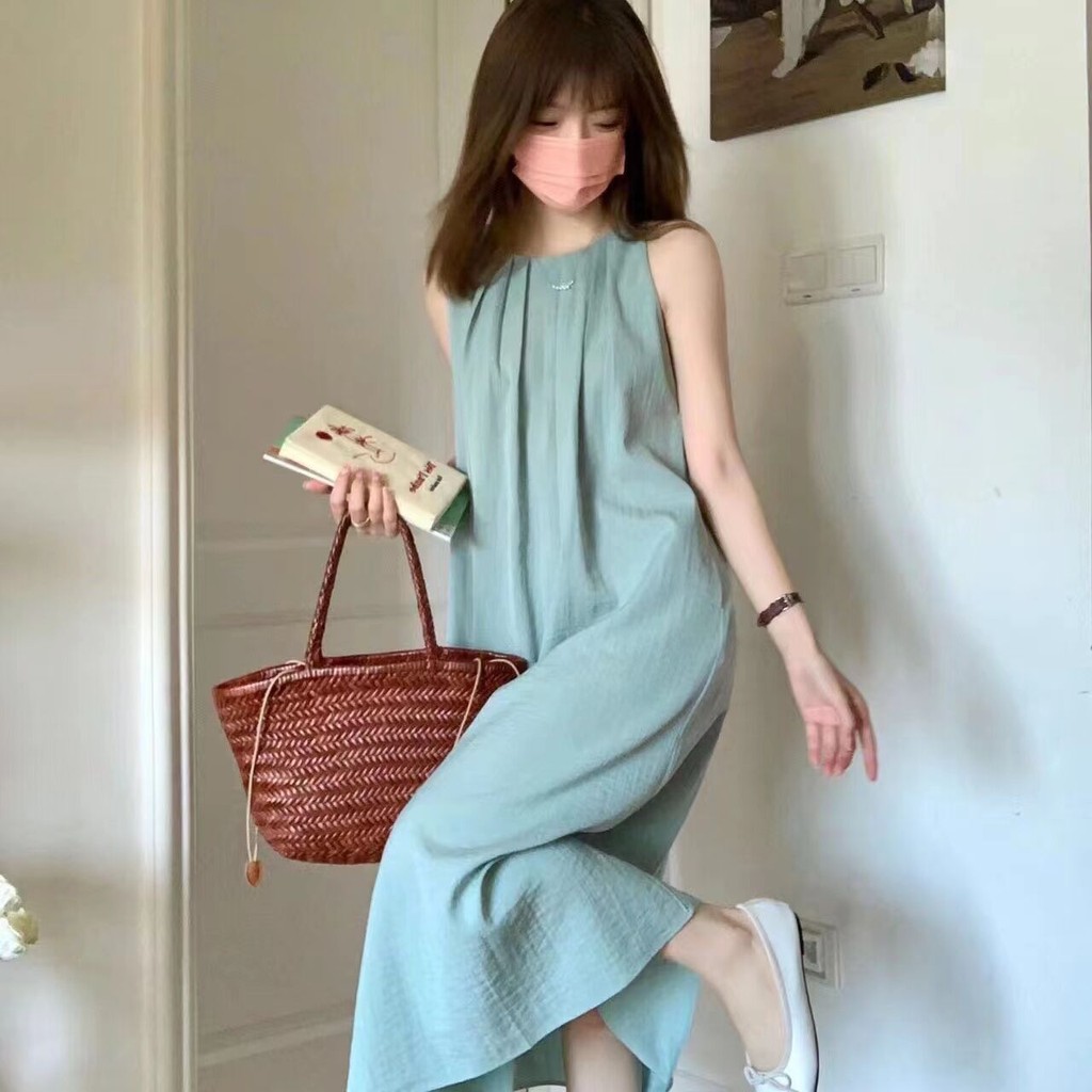 Xiaoma111 Vacation Halter กลับตรงชุดผู้หญิงฤดูร้อนยูนนานท่องเที่ยวสวมใส่หลวมสลิงชายหาดกระโปรงยาวหมายเหตุด้านนอก Happy LNAJ