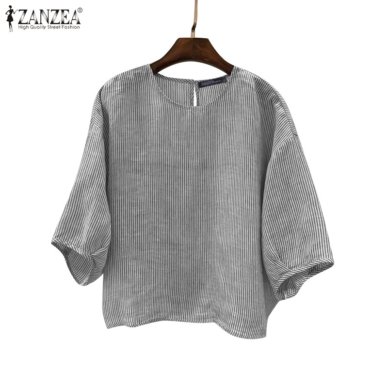 ZANZEA ใส่ ซานเซีย ผู้หญิงเกาหลีสบายๆ โอ-คอปุ่มลายพิมพ์ครึ่งแขนเสื้อหลวม
